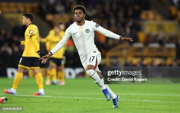 Andrey Santos of Chelsea celebrates after scoring their first goal