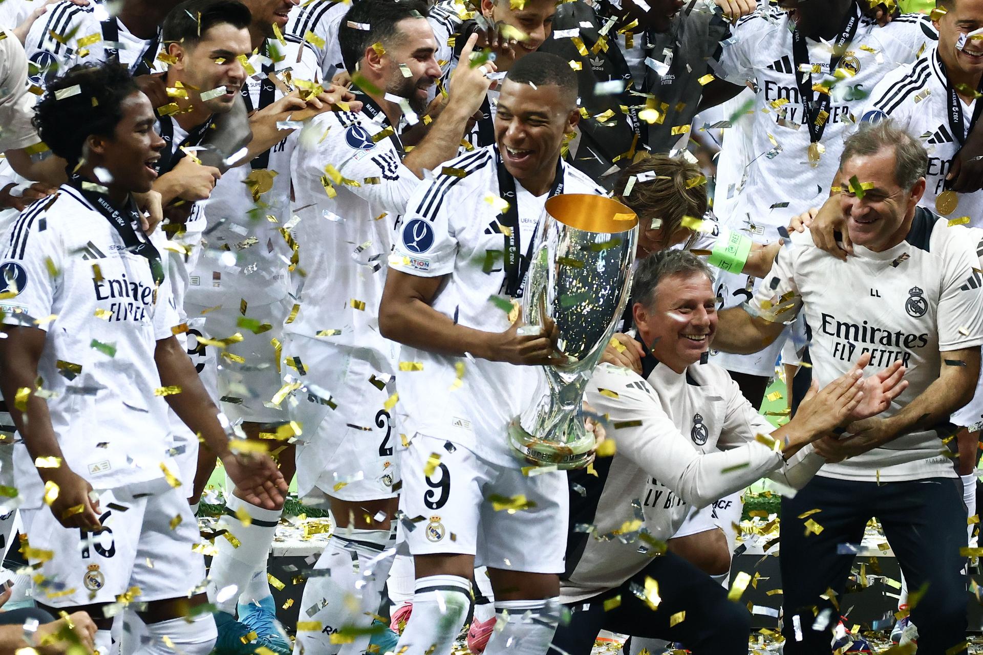 Kylian Mbappe celebrates with Real Madrid after winning UEFA Super Cup