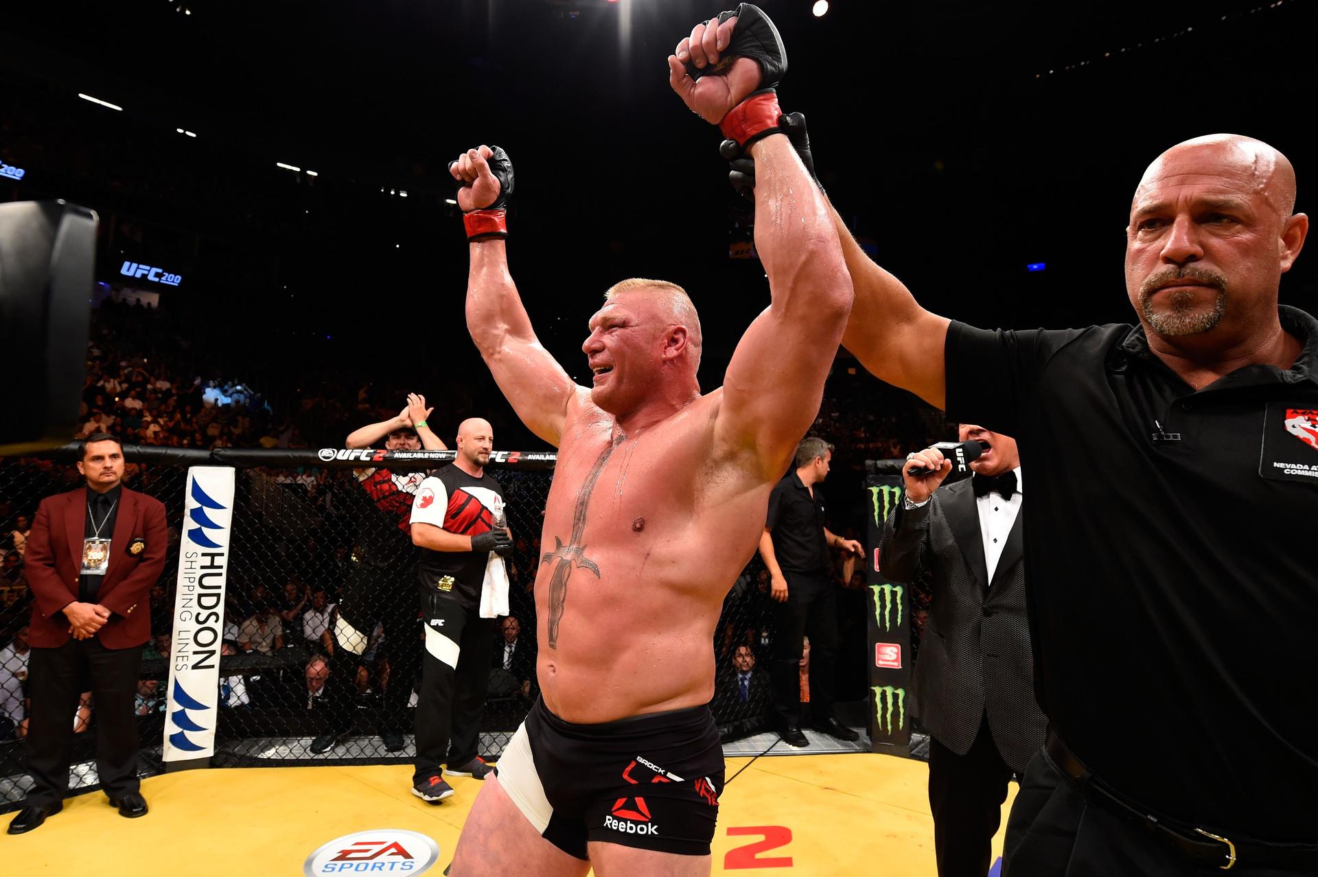 Brock Lesnar reacts to his victory over Mark Hunt