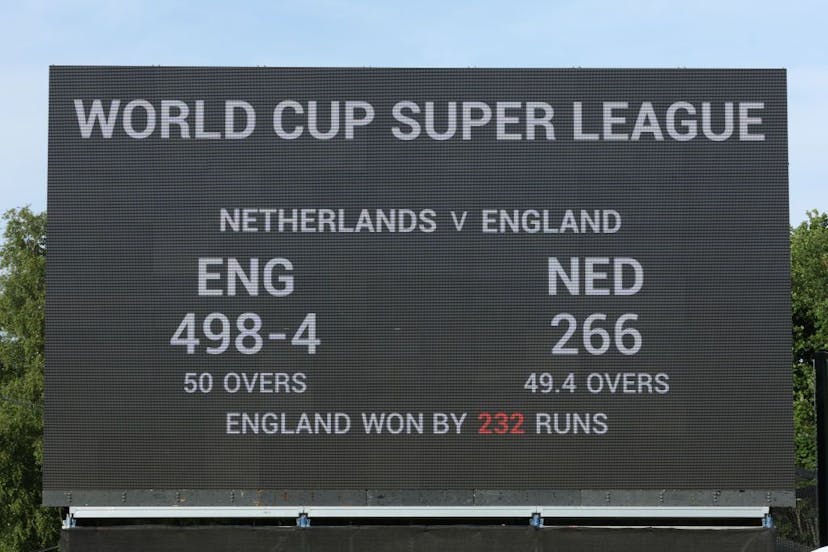 The scoreboard at the England vs. Netherlands cricket match in Amstelveen in June, 2022