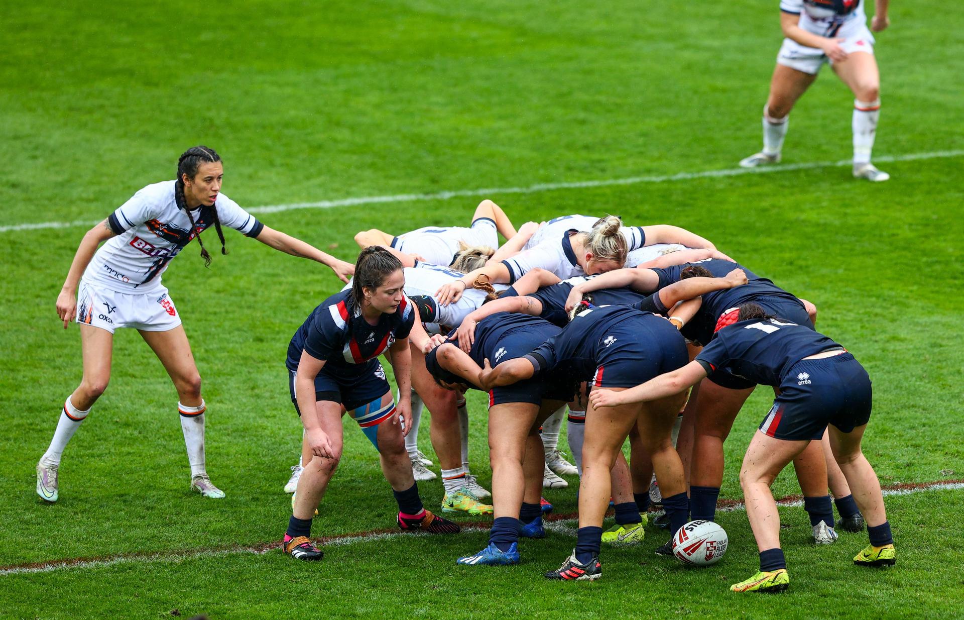 England and France take part in a scrum during the Mid-Season Internationals Rugby League match