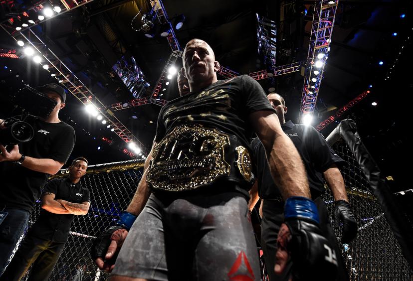 Georges St-Pierre of Canada celebrates his submission victory//Getty