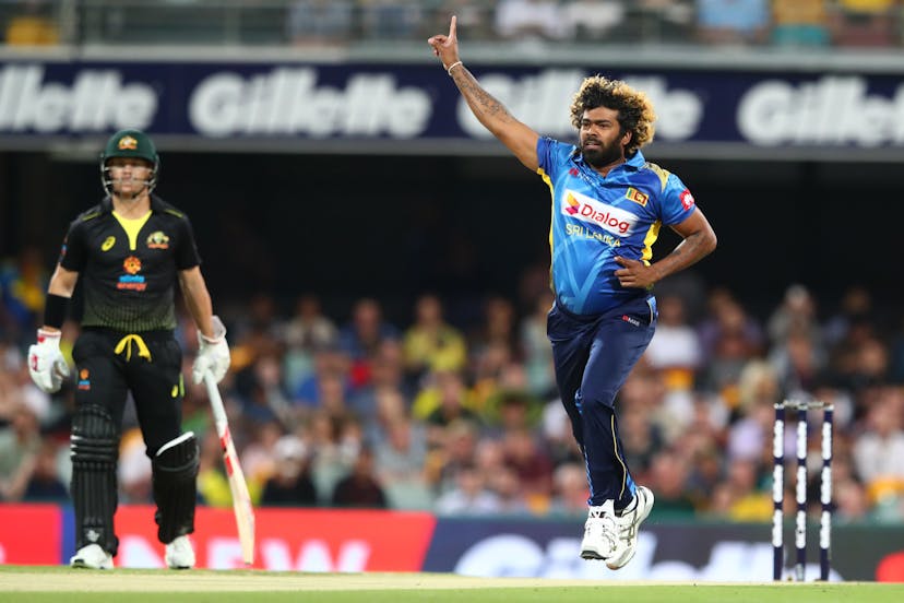 Lasitha Malinga of Sri Lanka celebrates dismissing Aaron Finch of Australia during game two of the Men's International Twenty20 series between Australia and Sri Lanka at The Gabba on October 30