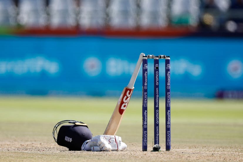 A general view of an England player's bat, helmet and gloves on the pitch between overs during the Group B T20 women's World Cup cricket match
