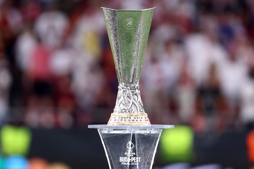 The Europa League trophy is put on display before the UEFA Europa League final match between Sevilla Fc and As Roma