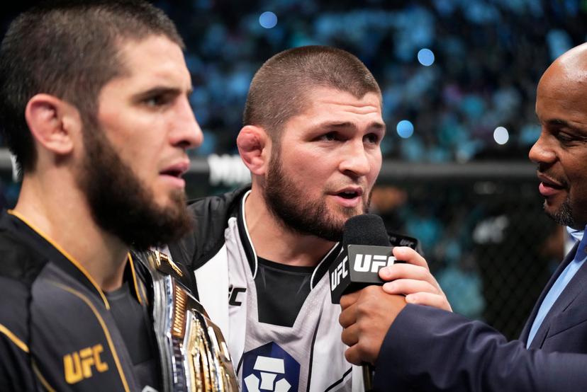  Khabib Nurmagomedov reacts after his teammate Islam Makhachev of Russia wins 