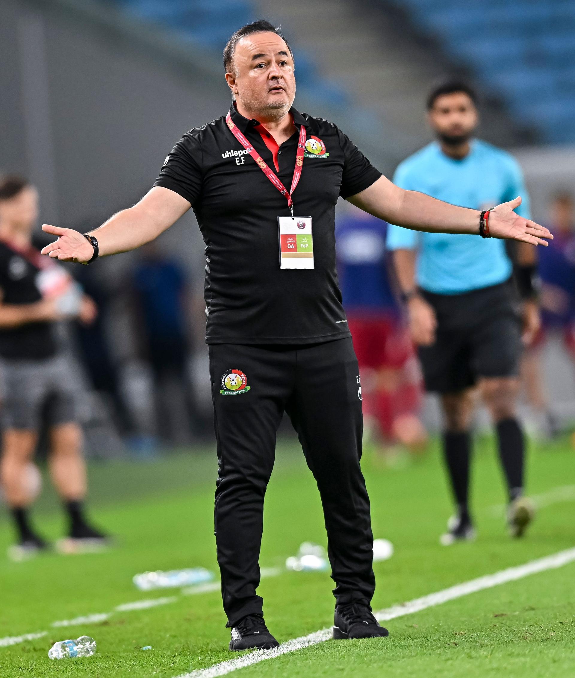 Kenya's Turkish head coach Engin Firat react during the International Friendly match between Qatar and Kenya 