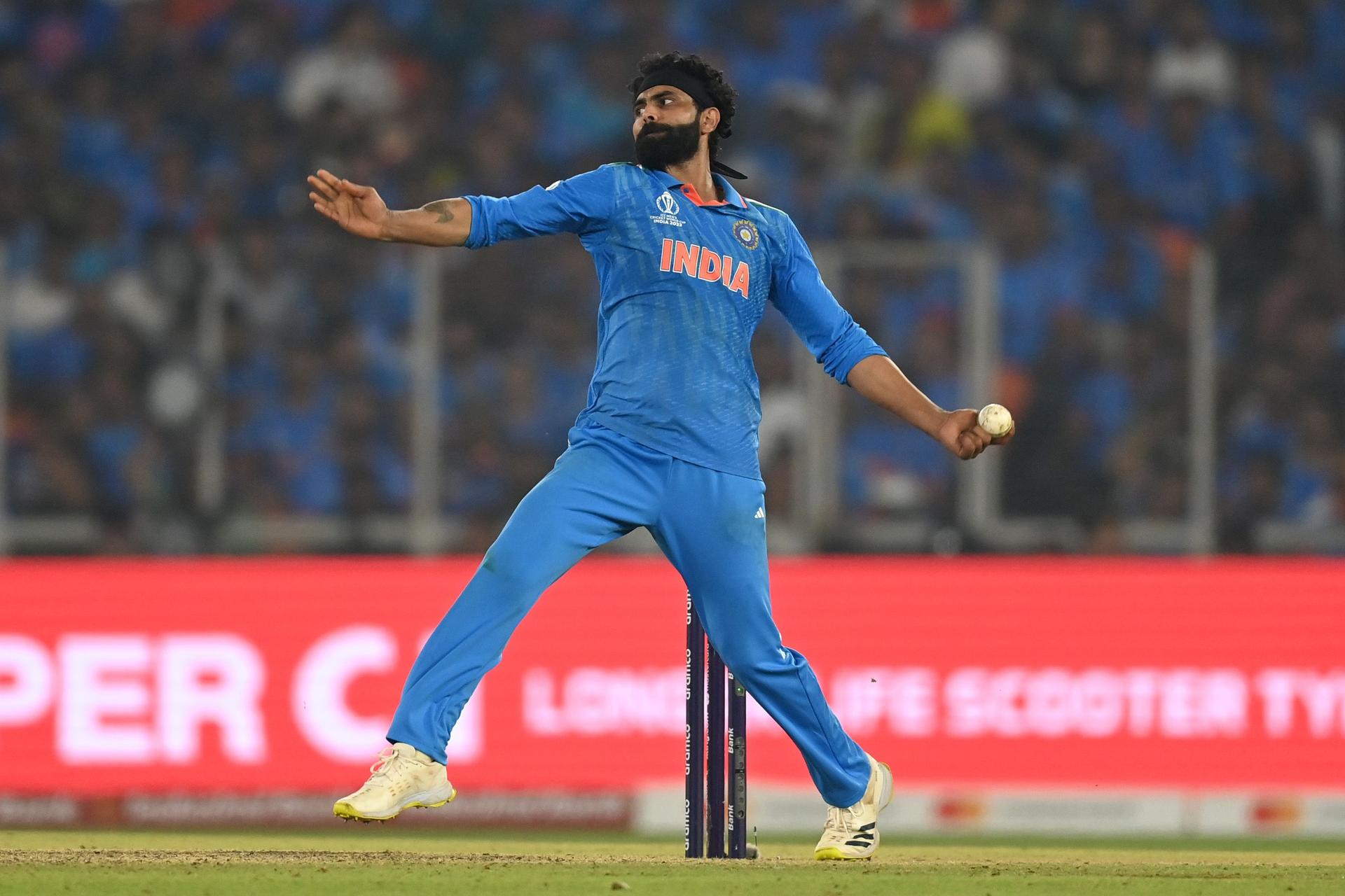 Ravindra Jadeja of India bowls during the ICC Men's Cricket World Cup India 