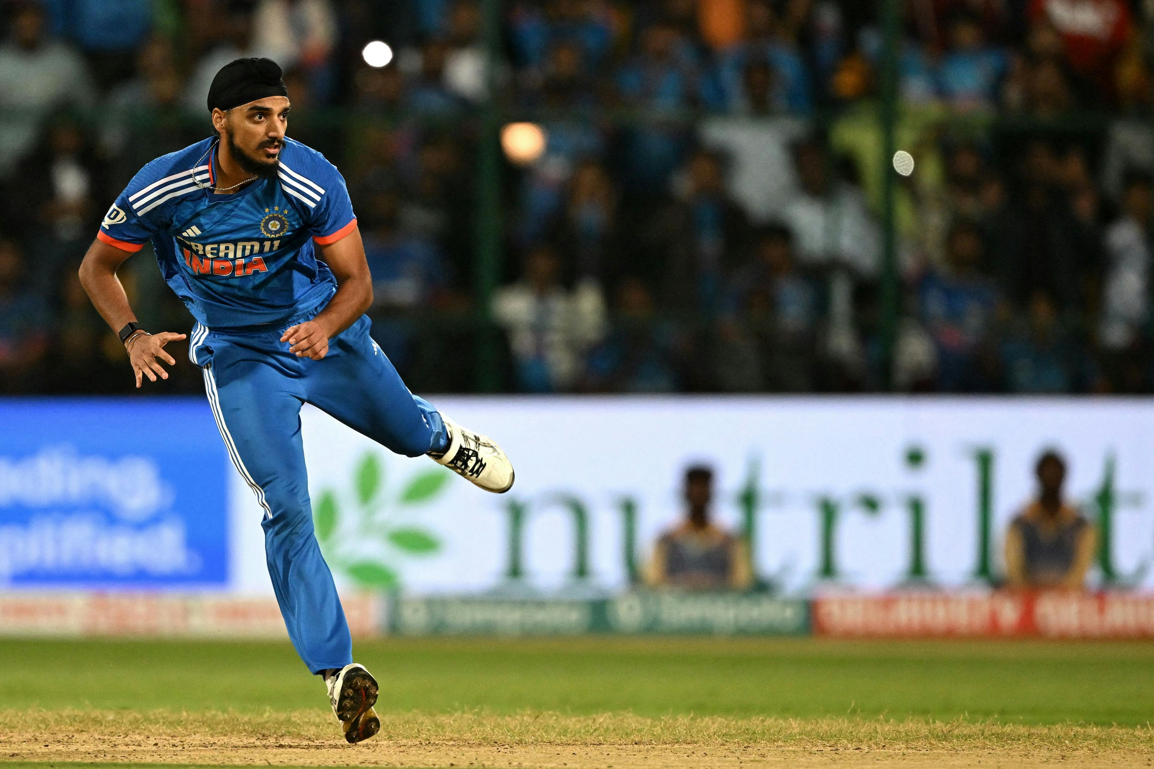 ndia's Arshdeep Singh bowls during the fifth and final Twenty20 international cricket match between India and Australia