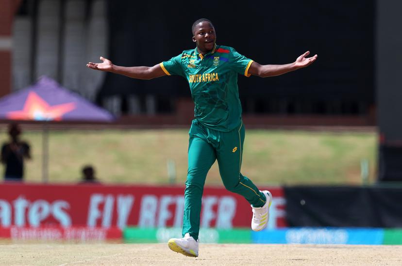 Kwena Maphaka of South Africa celebrates taking a fifth wicket during the ICC U19 Men's Cricket World Cup South Africa 2024 