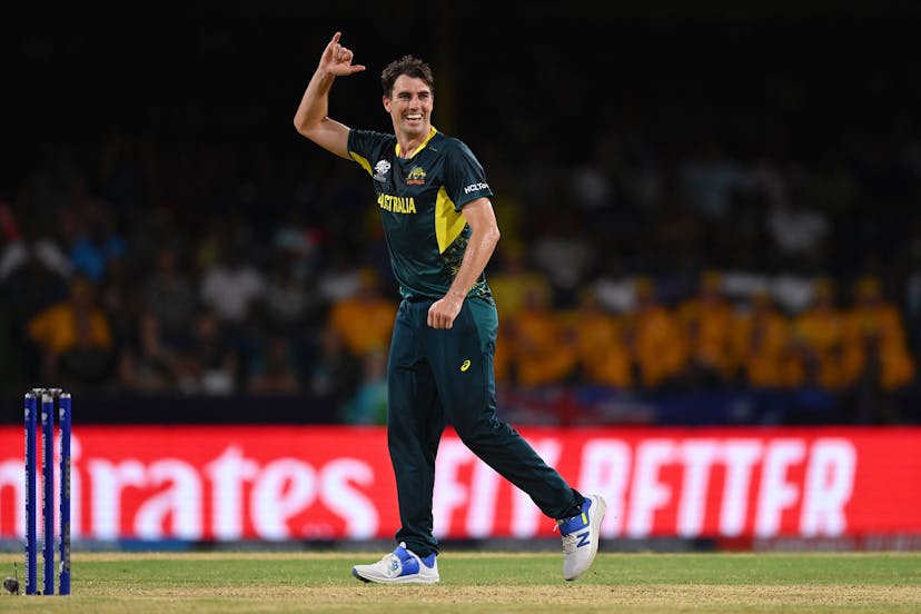 Pat Cummins of Australia celebrates after dismissing Gulbadin Naib of Afghanistan (not pictured) for his hat trick during the ICC Men's T20 Cricket World Cup