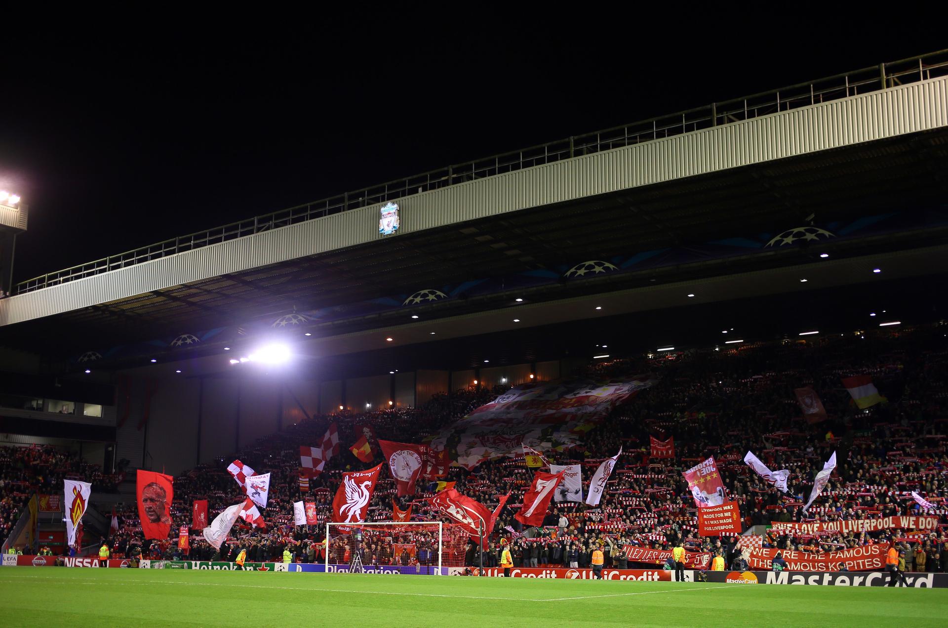 Fans of Liverpool on The Kop at Anfield Stadium 