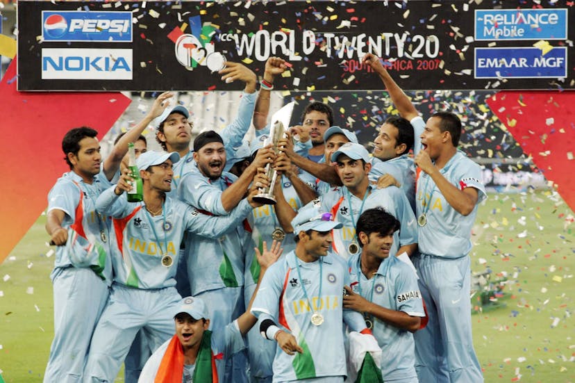 The India team celebrate their victory as the ICC Twenty20 World Champions during the final match of the ICC Twenty20 World Cup between Pakistan and India