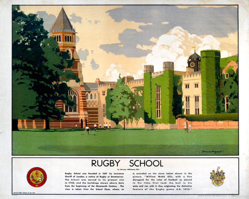 poster shows a view of Rugby School 