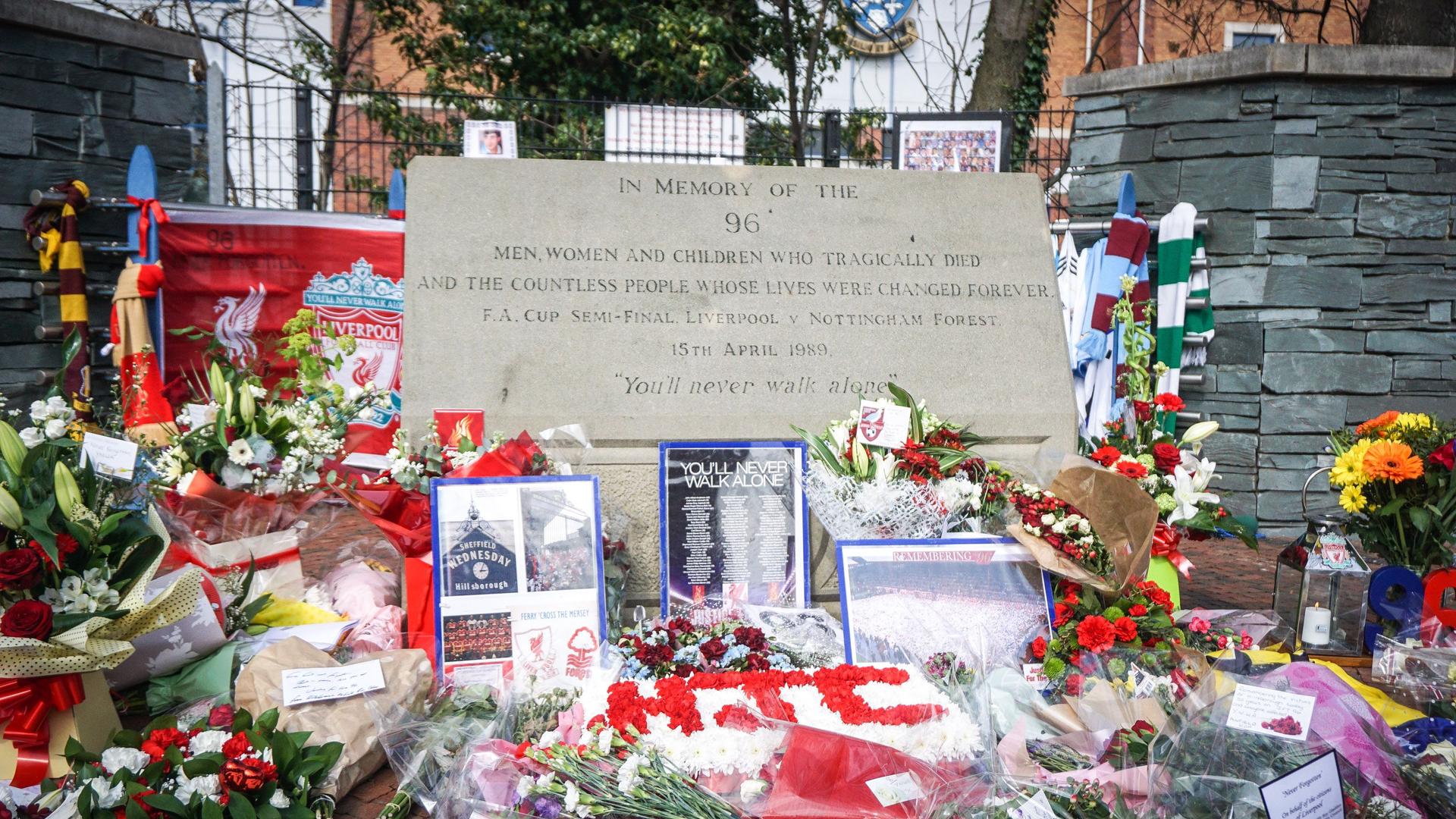 The Hillsborough Memorial remembers the 97 people who died in the Hillsborough disaster 