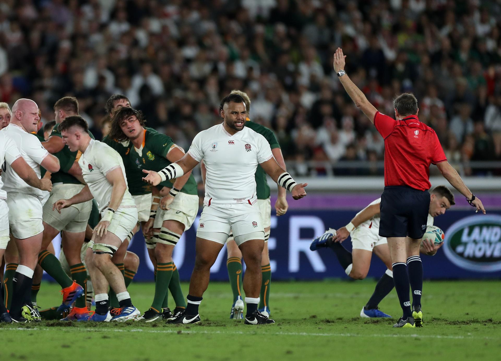 Jerome Garces, the referee awards a scrum penalty as Billy Vunipola