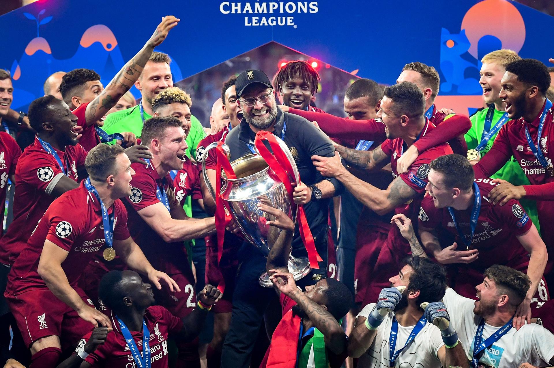 Jurgen Klopp, Manager of Liverpool celebrates with the Champions League Trophy