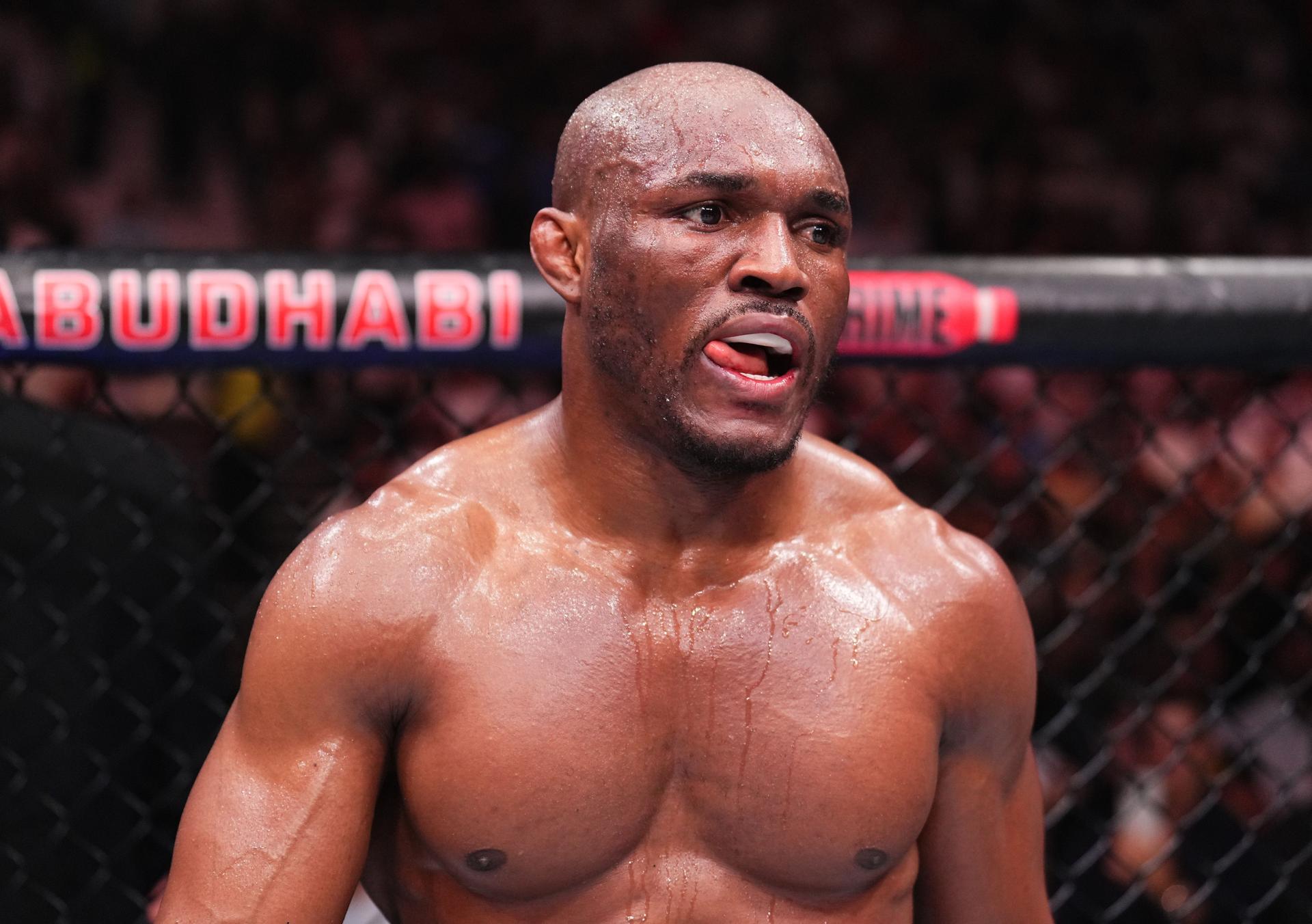 Kamaru Usman of Nigeria reacts after a decision loss against Khamzat Chimaev 