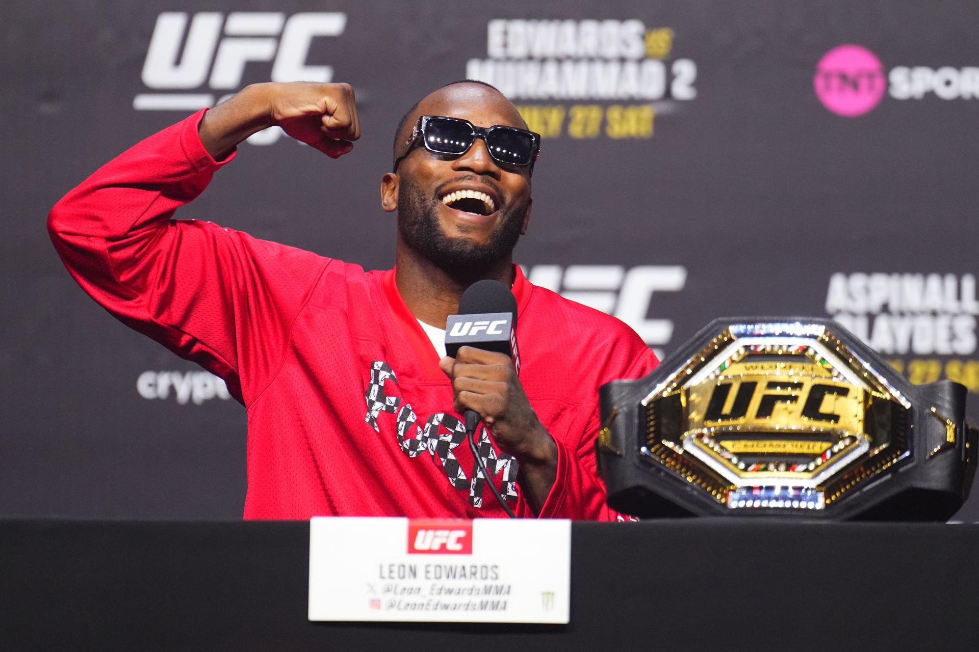 Leon Edwards of Jamaica is seen on stage during the UFC 304 press conference