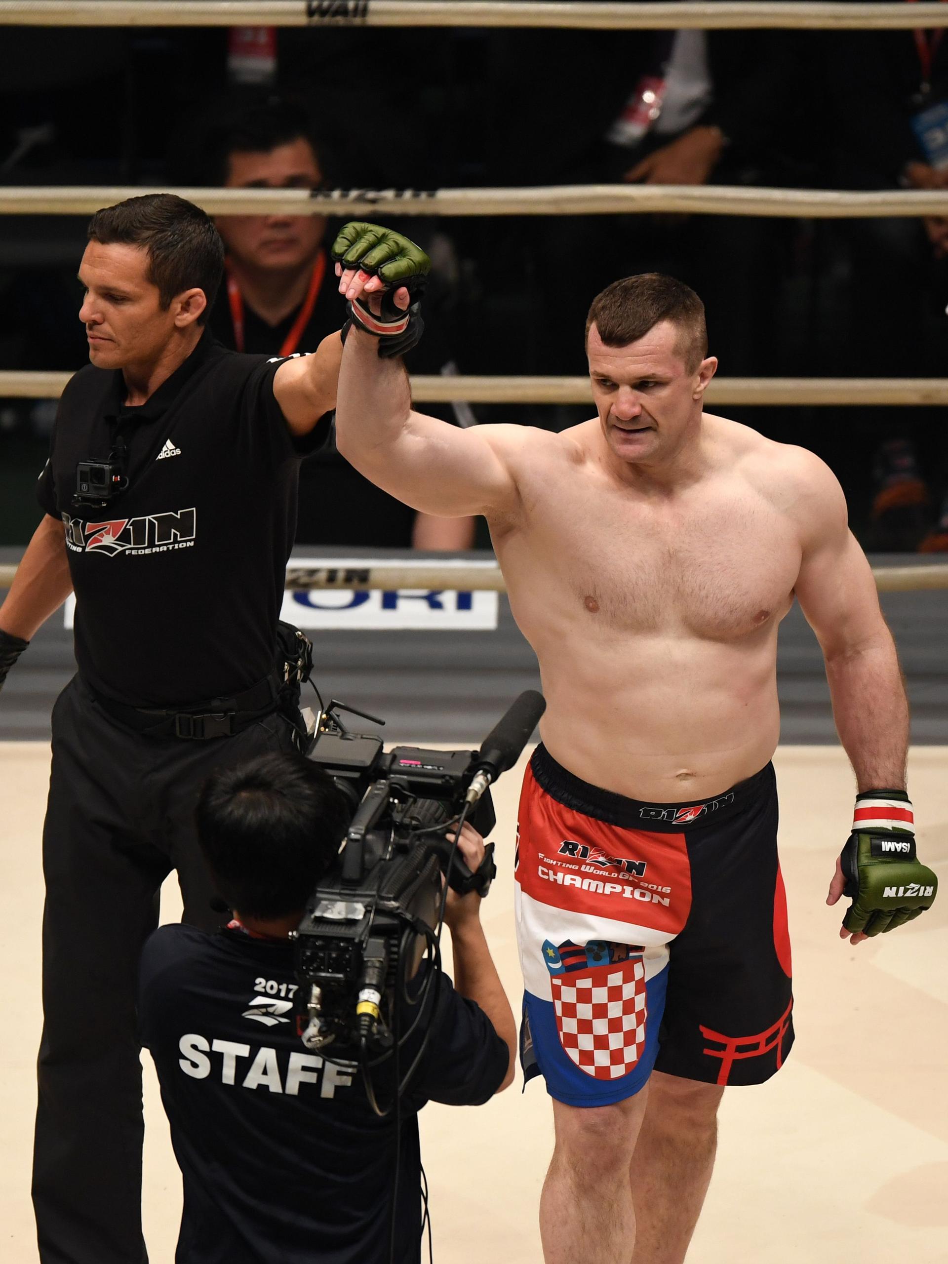 Mirko Cro Cop of Croatia celebrates his TKO victory against Tsuyoshi Kosaka of Japan