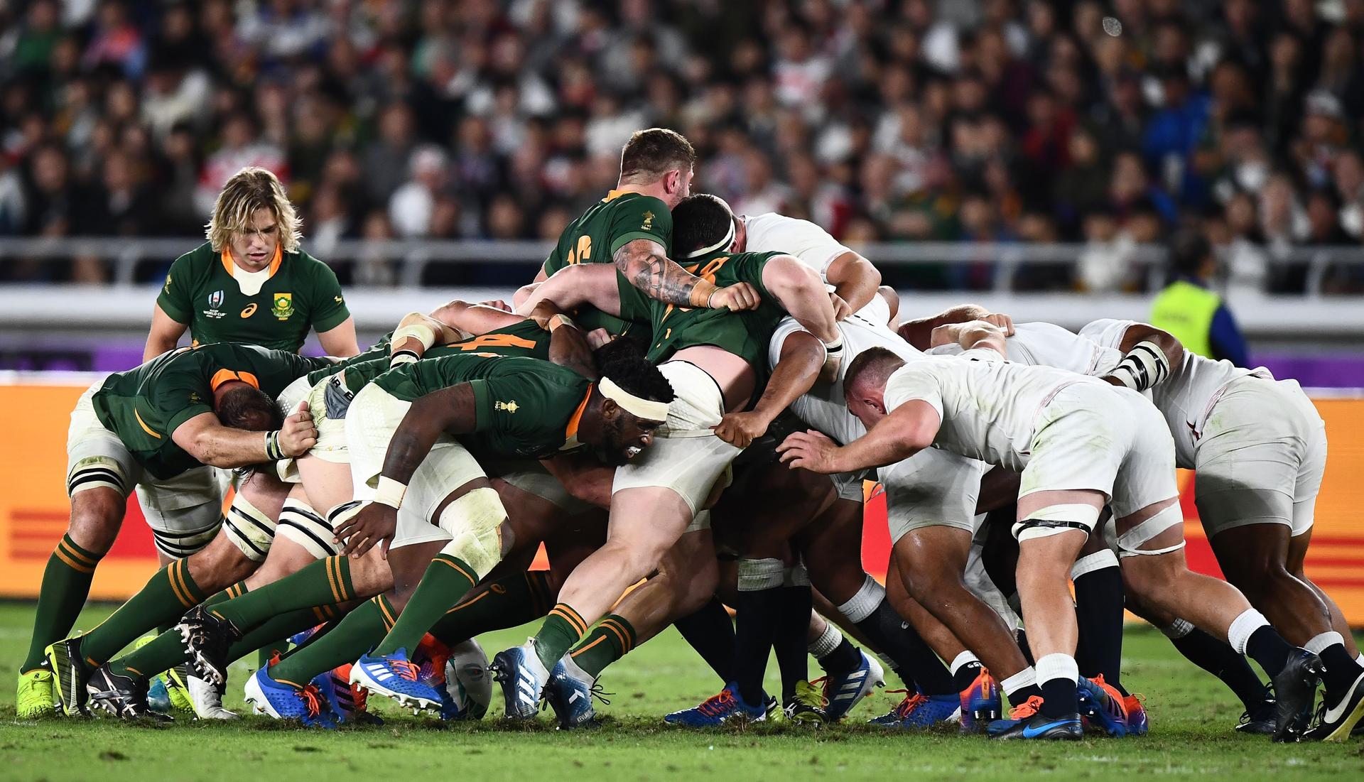 Players take part in a scrum during the Japan 2019 Rugby World Cup