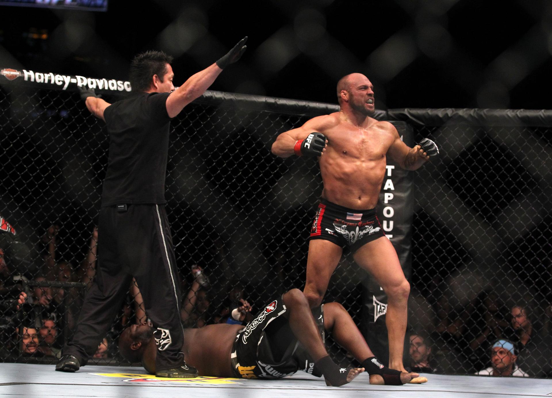 Randy Couture celebrates after defeating James Toney