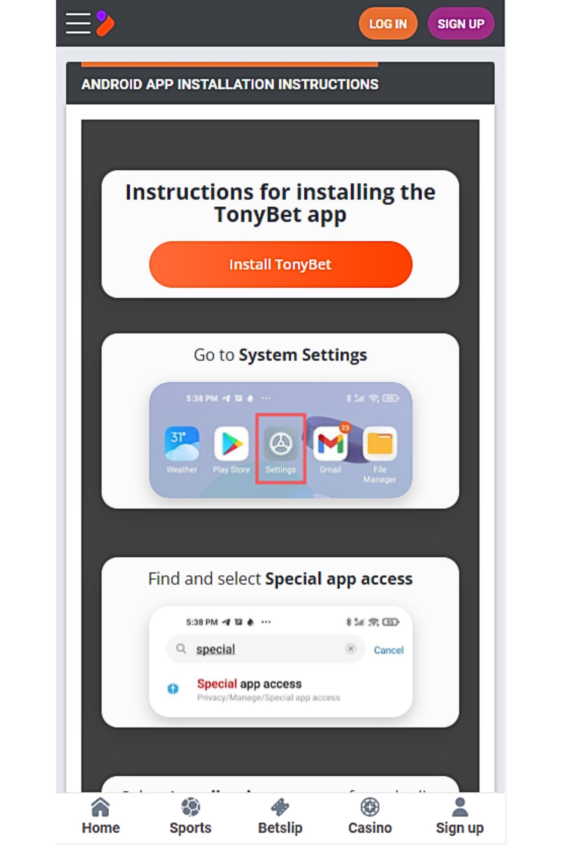TonyBet app download for Android: step 1