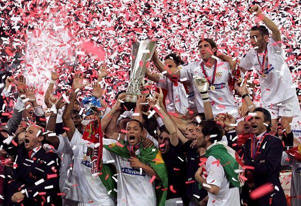 Sevilla celebrating the club’s first UEFA Cup victory in 2006 