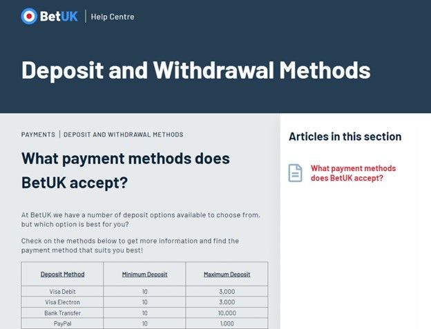 The BetUK Help Centre deposit and withdrawal methods pag
