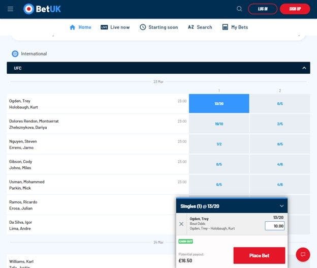 The BetUK UFC betting page with odds and a basket with price with potential payourt