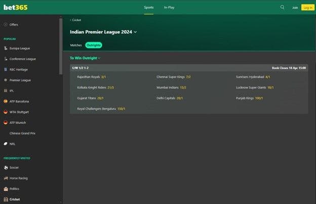 bet365 page with Indian Premier League 2024 betting options 