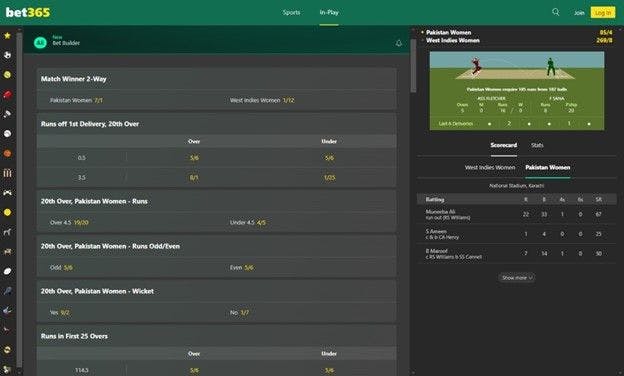 bet365 page with the in-play betting option and bet builder