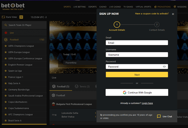 betobet sign up screenshot.