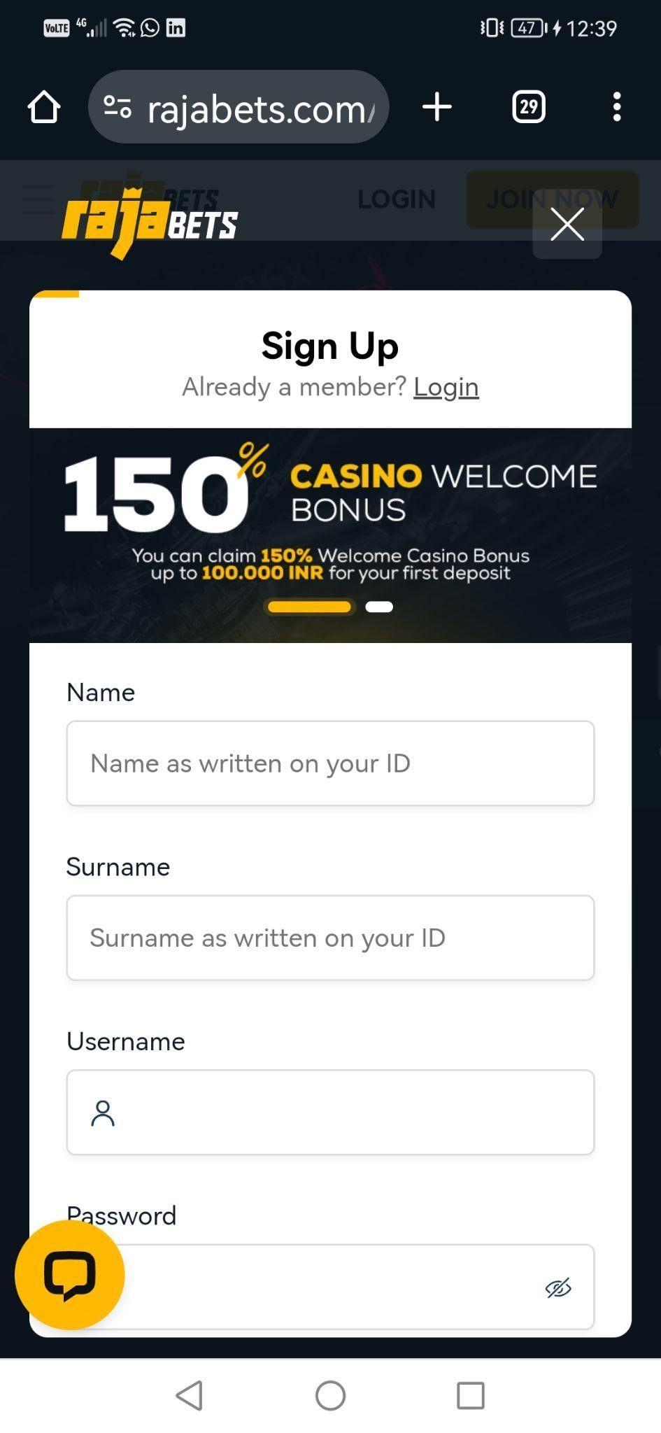 Rajabets Registration Guide Step 1