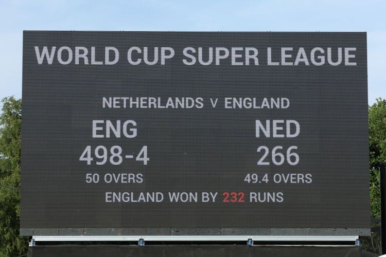 The scoreboard at the England vs. Netherlands cricket match in Amstelveen in June, 2022