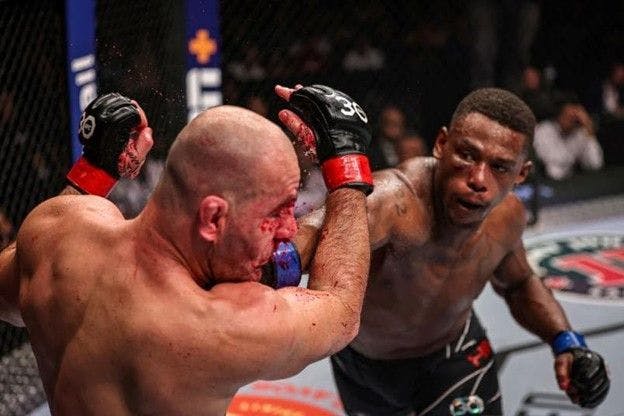 Two UFC light heavyweight fighters in a cage during an official fight