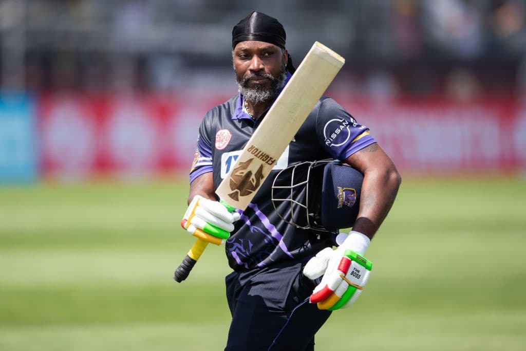 Chris Gayle of Mississauga Panthers walks off after being dismissed by Vancouver Knights during a Global T20 Canada match at the CAA Centre.