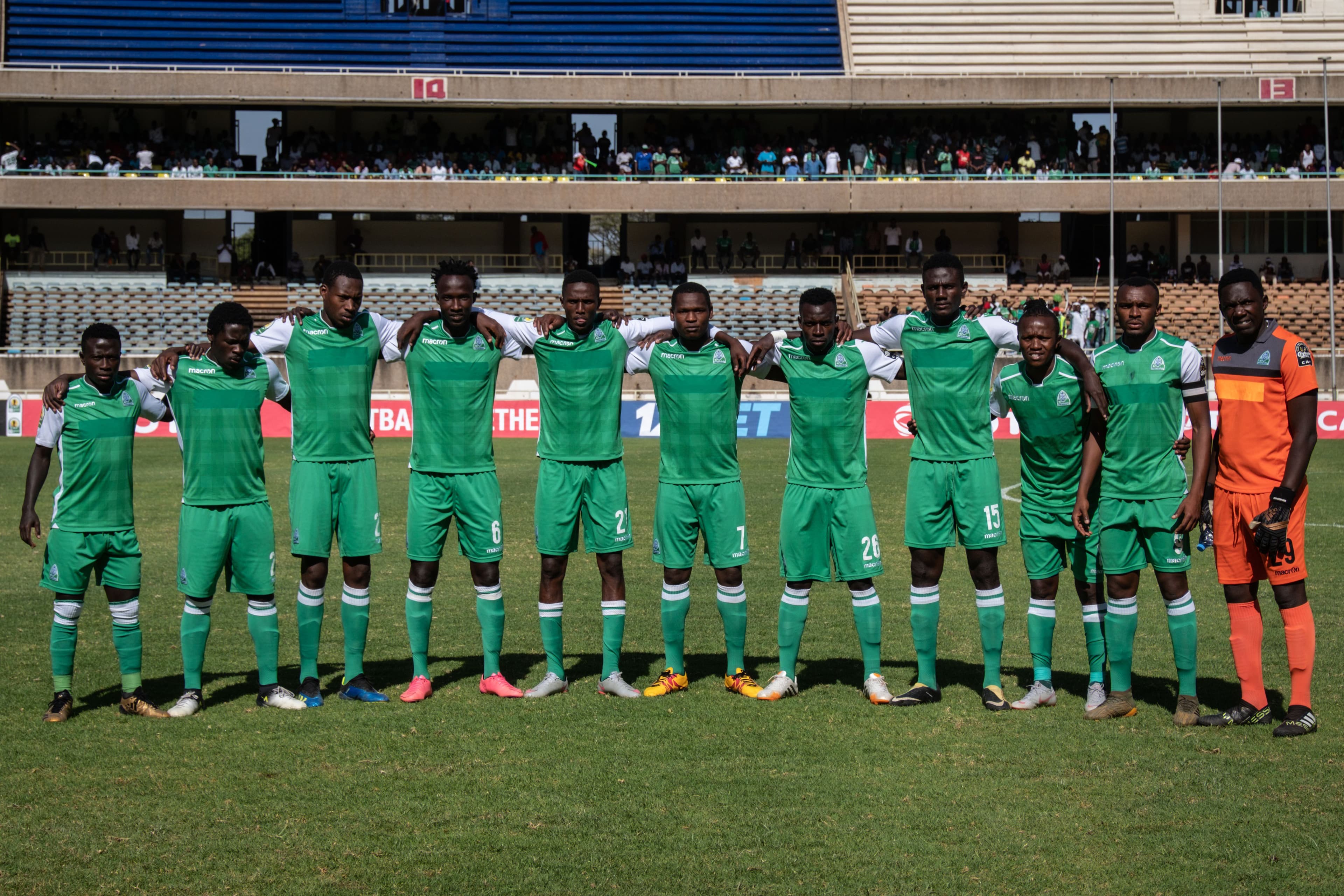 Players of Kenya's Gor Mahia poses before the CAF Confereration cup match against Egypt's Zamalek at Kasarani Stadium