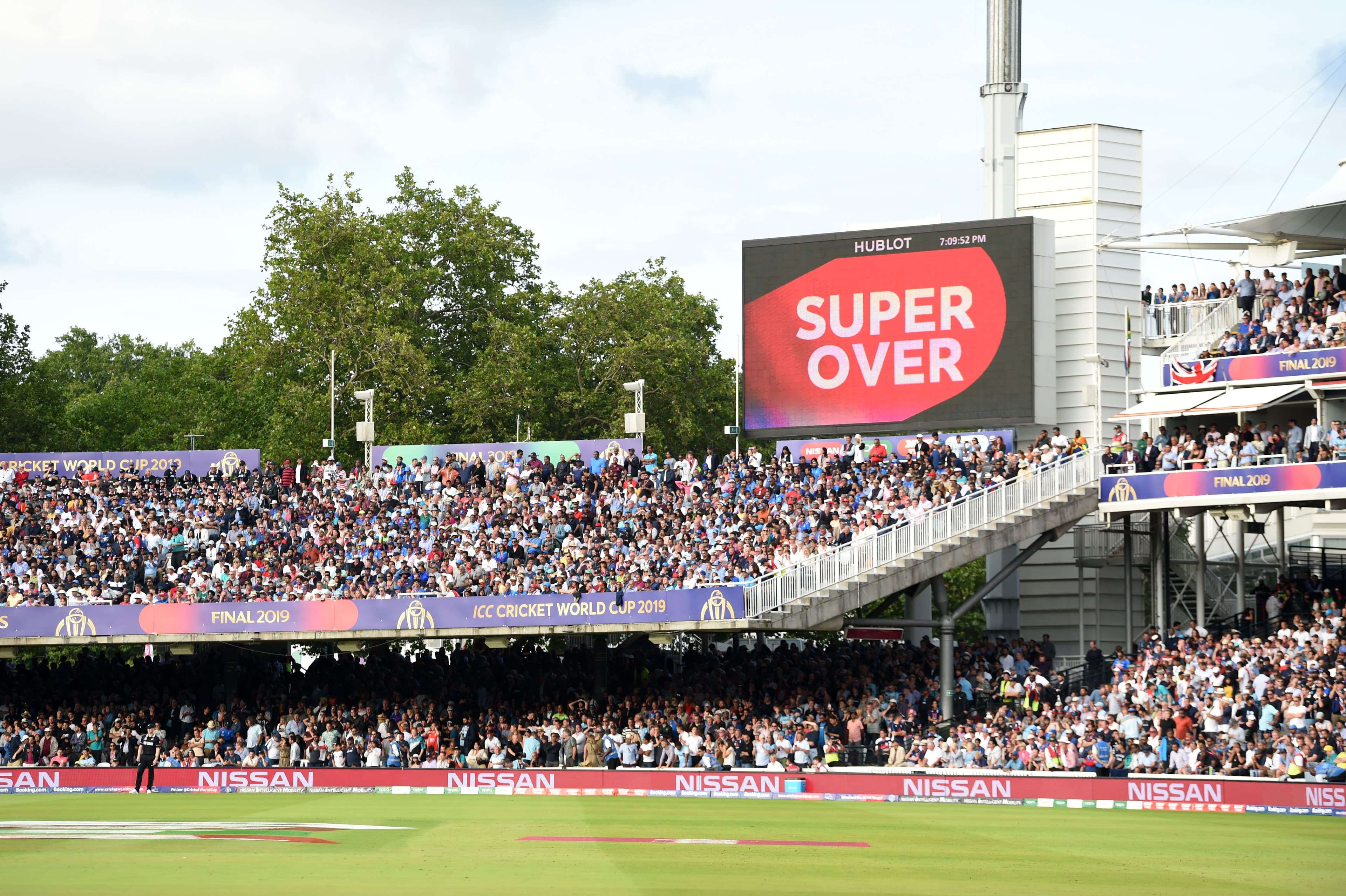 Detailed view of the scoreboard displaying a super over after a tied 