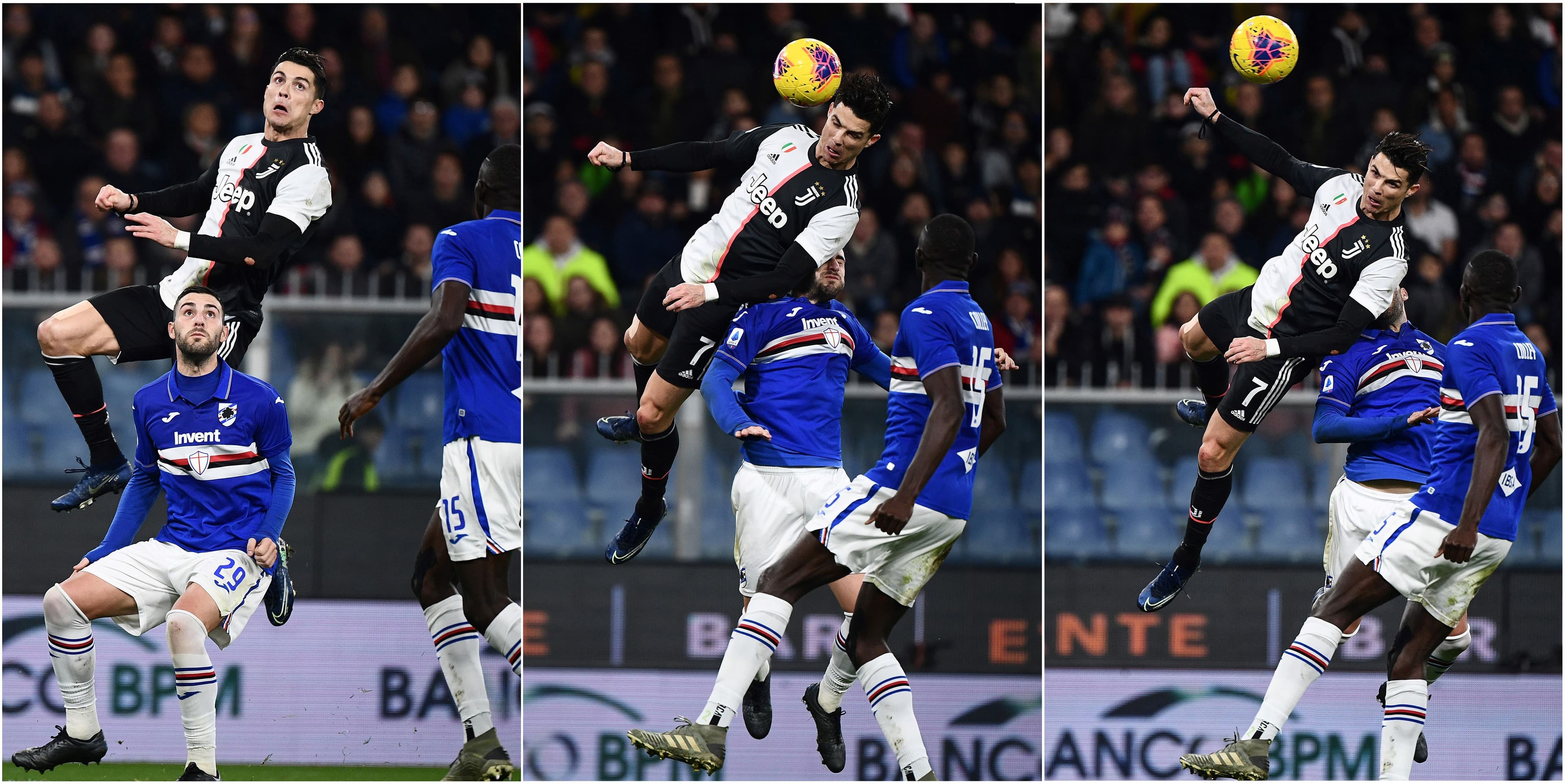 Juventus' Portuguese forward Cristiano Ronaldo (Top) jumping above Sampdoria's Italian defender Nicola Murru to score a header during the Italian Serie A football match Sampdoria vs Juventus on December 18, 2019 at the Luigi-Ferraris stadium in Genoa