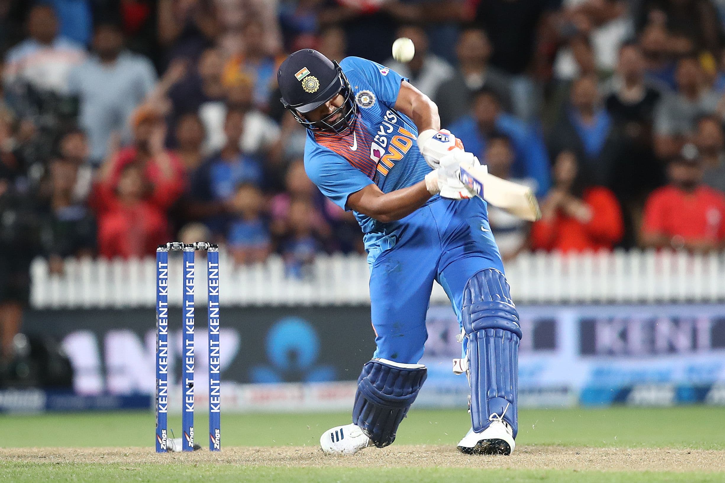 Rohit Sharma of India hits the winning 6 on the last ball of the super 