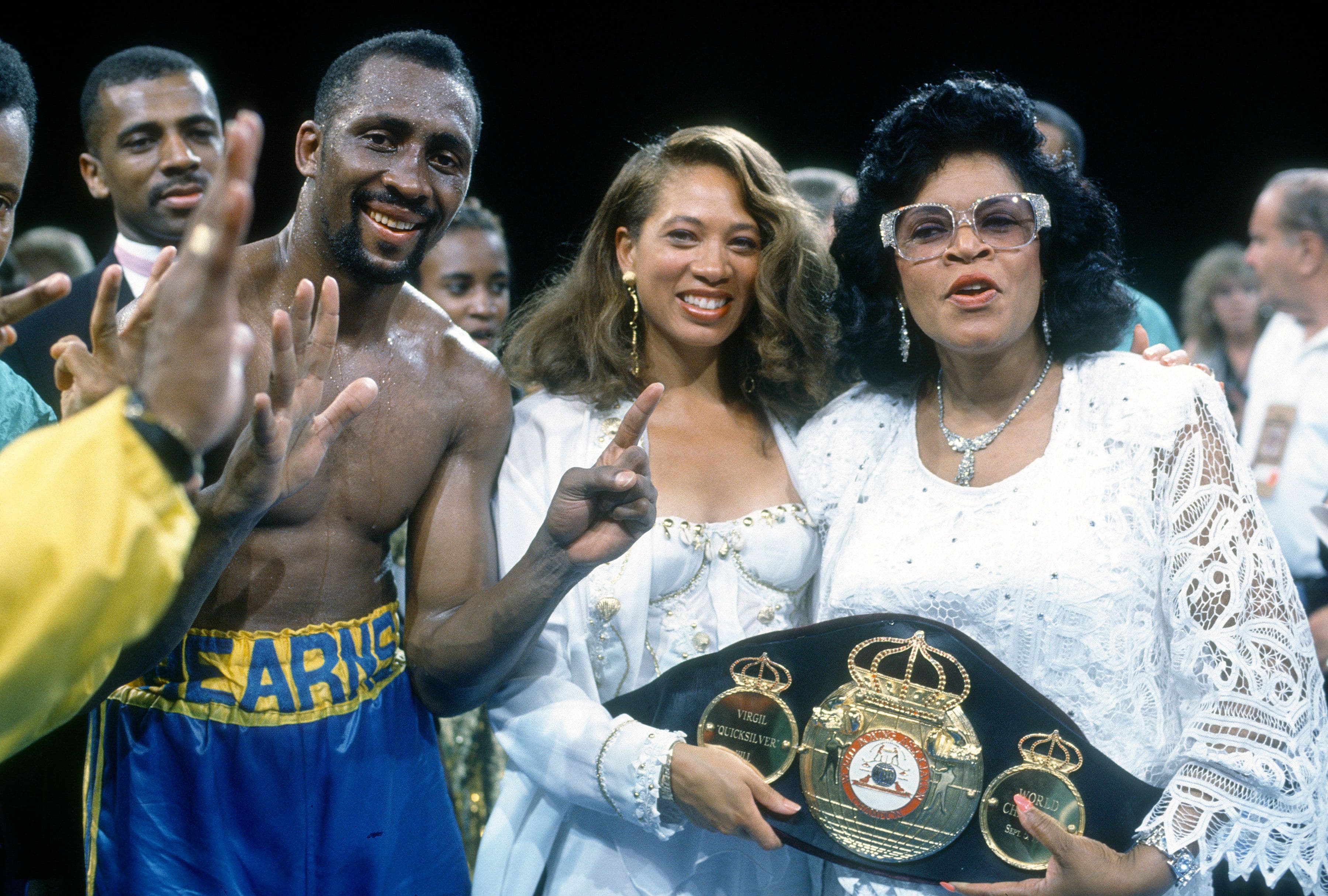 Thomas Hearns celebrates after he defeated Virgil Hill 