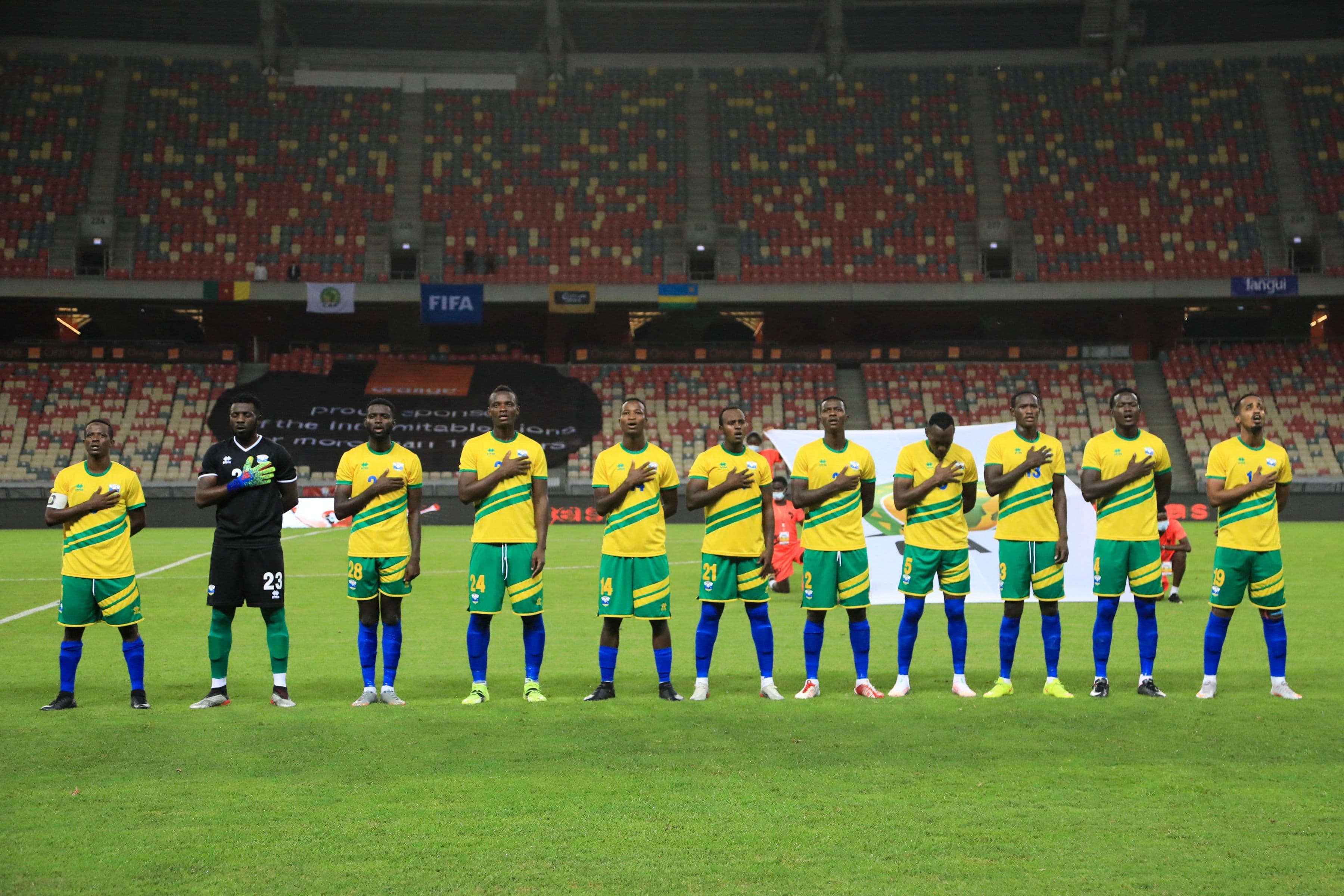 The Rwanda football team sing the national anthem 