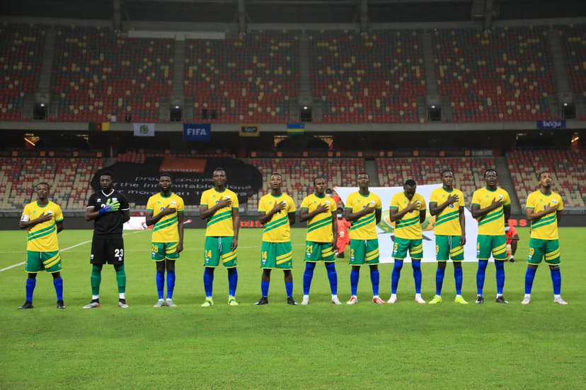 The Rwanda football team sing the national anthem 