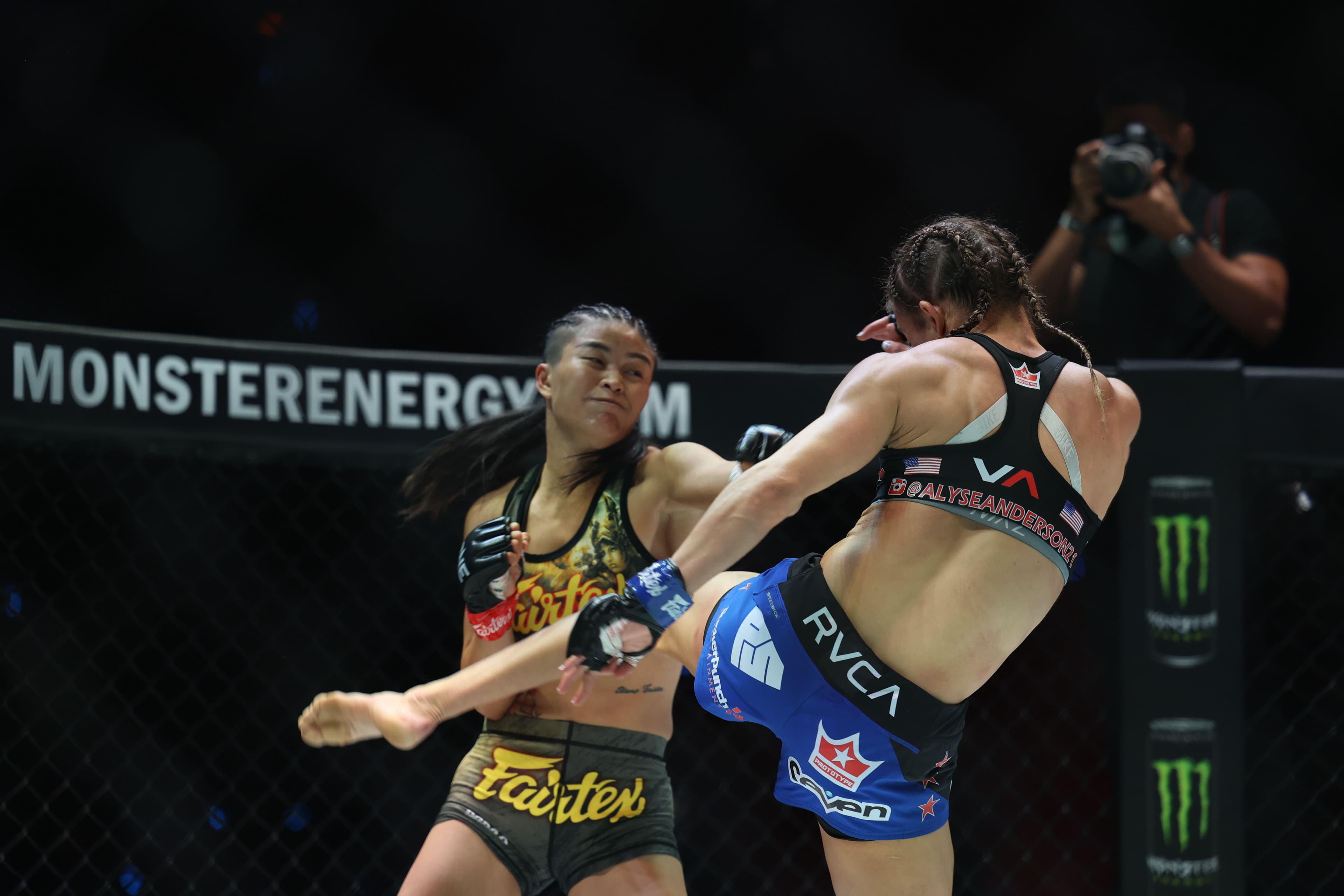 Alyse Anderson lands a kick on Stamp Fairtex at ONE Championship Fight Night 