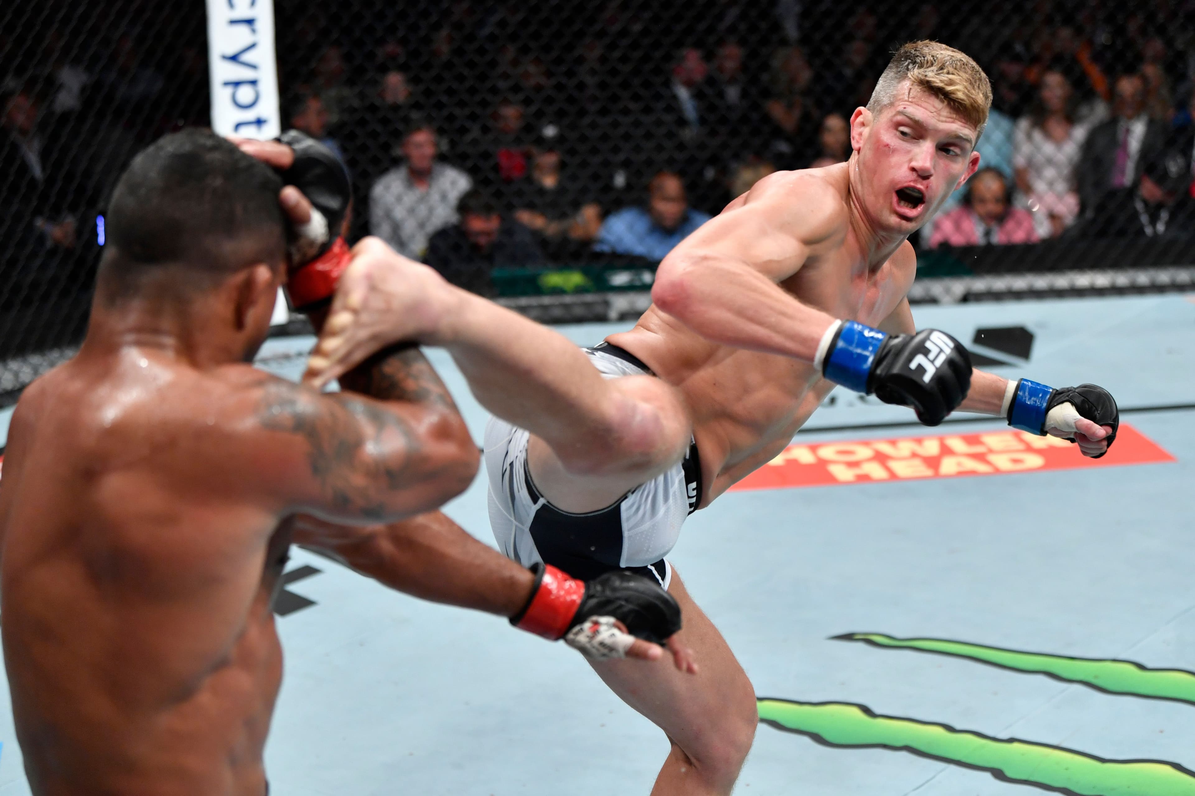 Stephen Thompson kicks Gilbert Burns of Brazil 