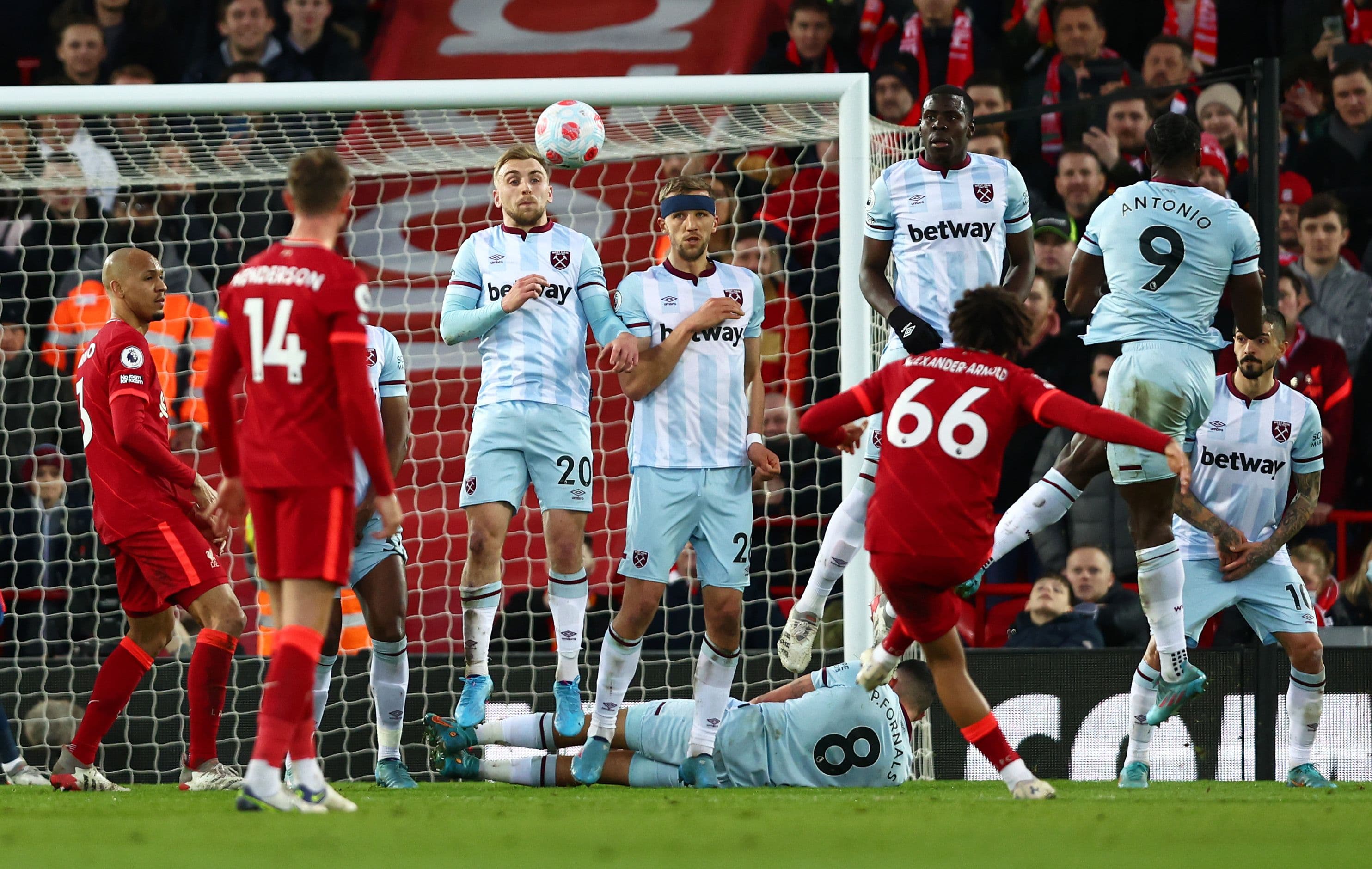 Trent Alexander-Arnold of Liverpool takes a free kick during the Premier League