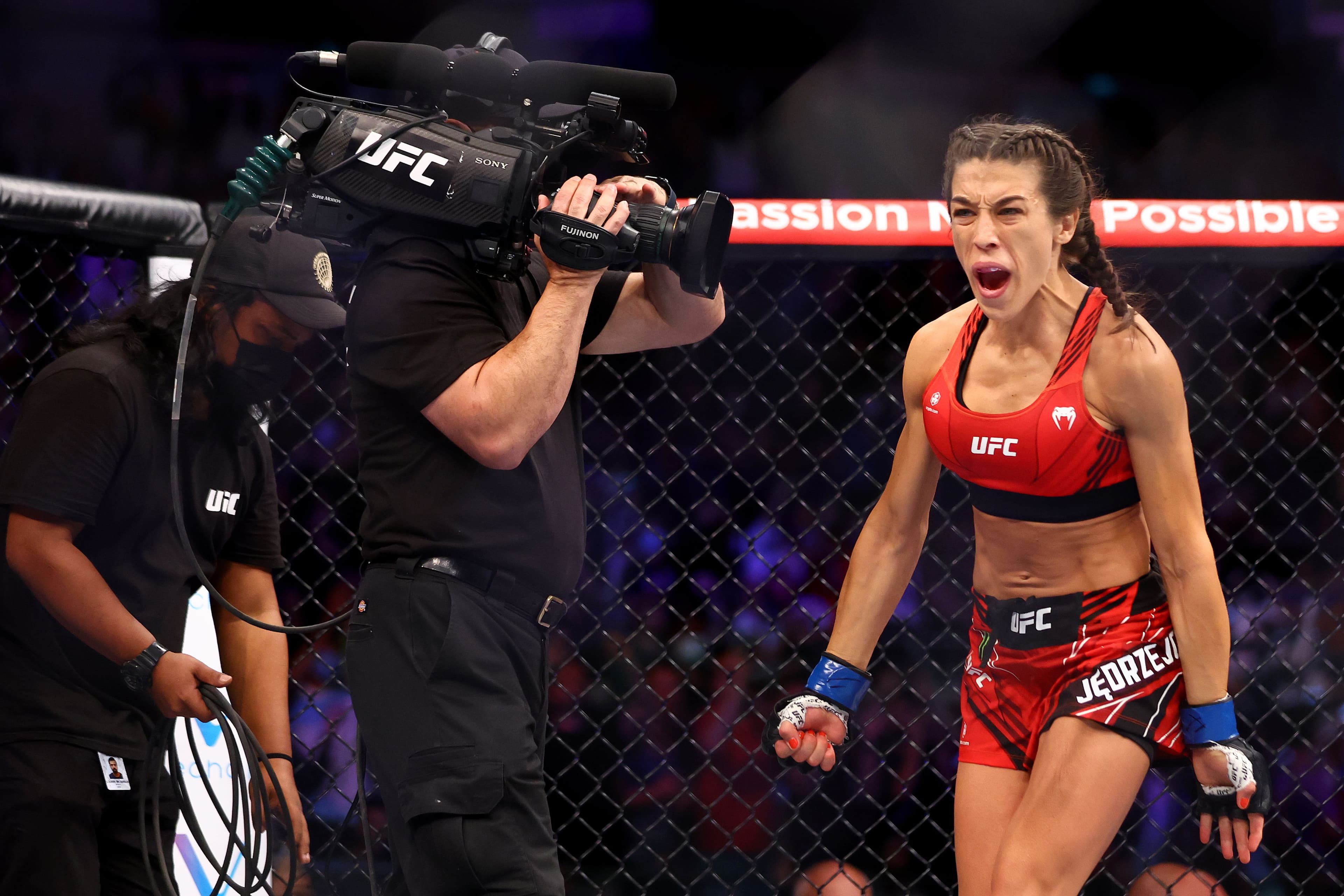 Joanna Jedrzejczyk of Poland enters the octagon 