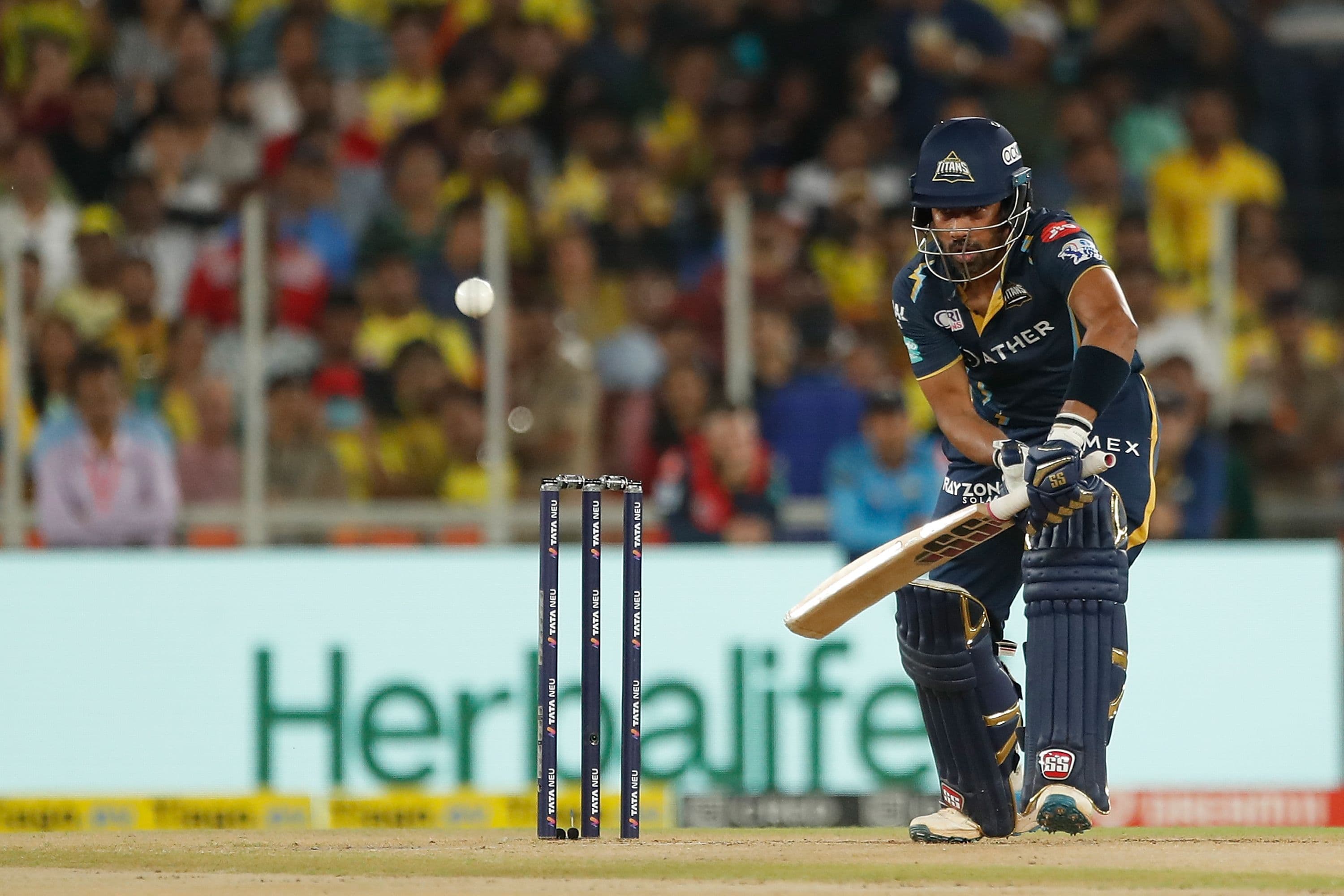 Wriddhiman Saha of the Gujarat Titans bats during the 2023 IPL Final match