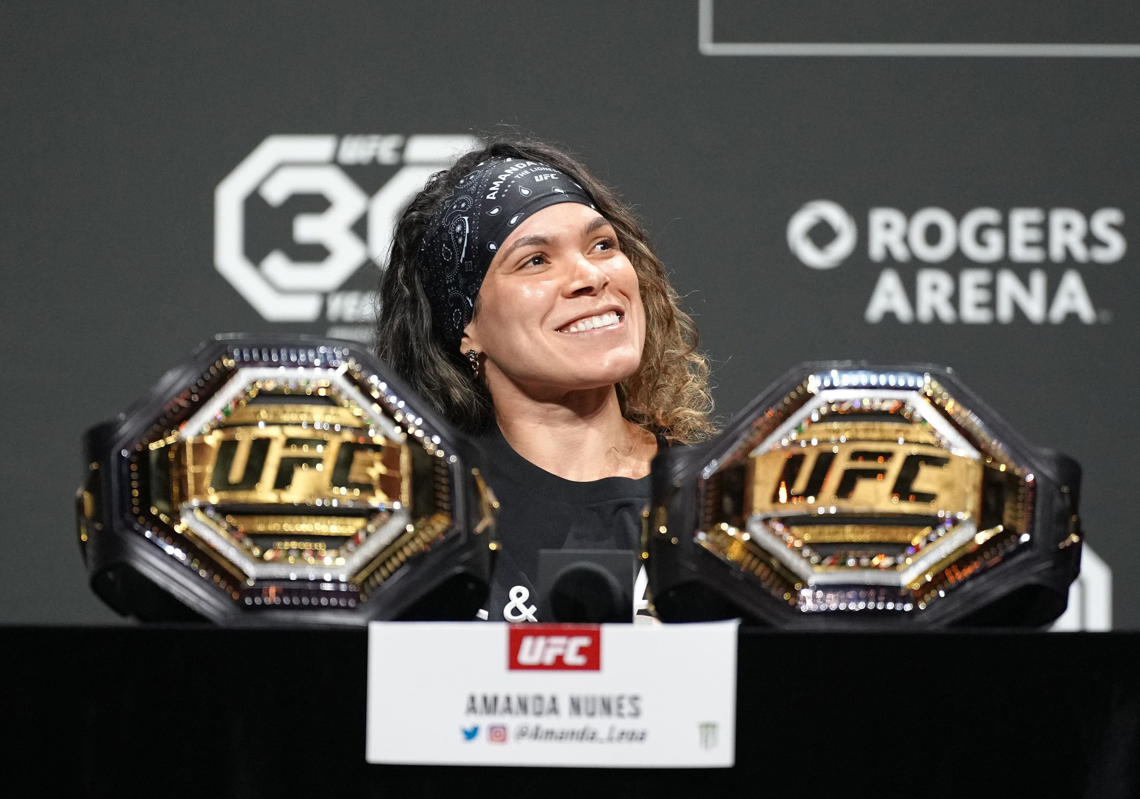 Amanda Nunes of Brazil is seen during the UFC 289 press conference 